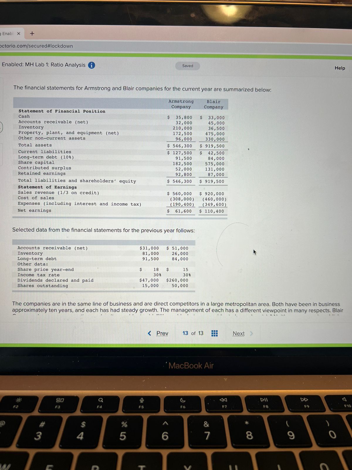  Enably ctorio.com/secured#lockdown Enabled: MH Lab 1: Ratio Analysis i Saved Help