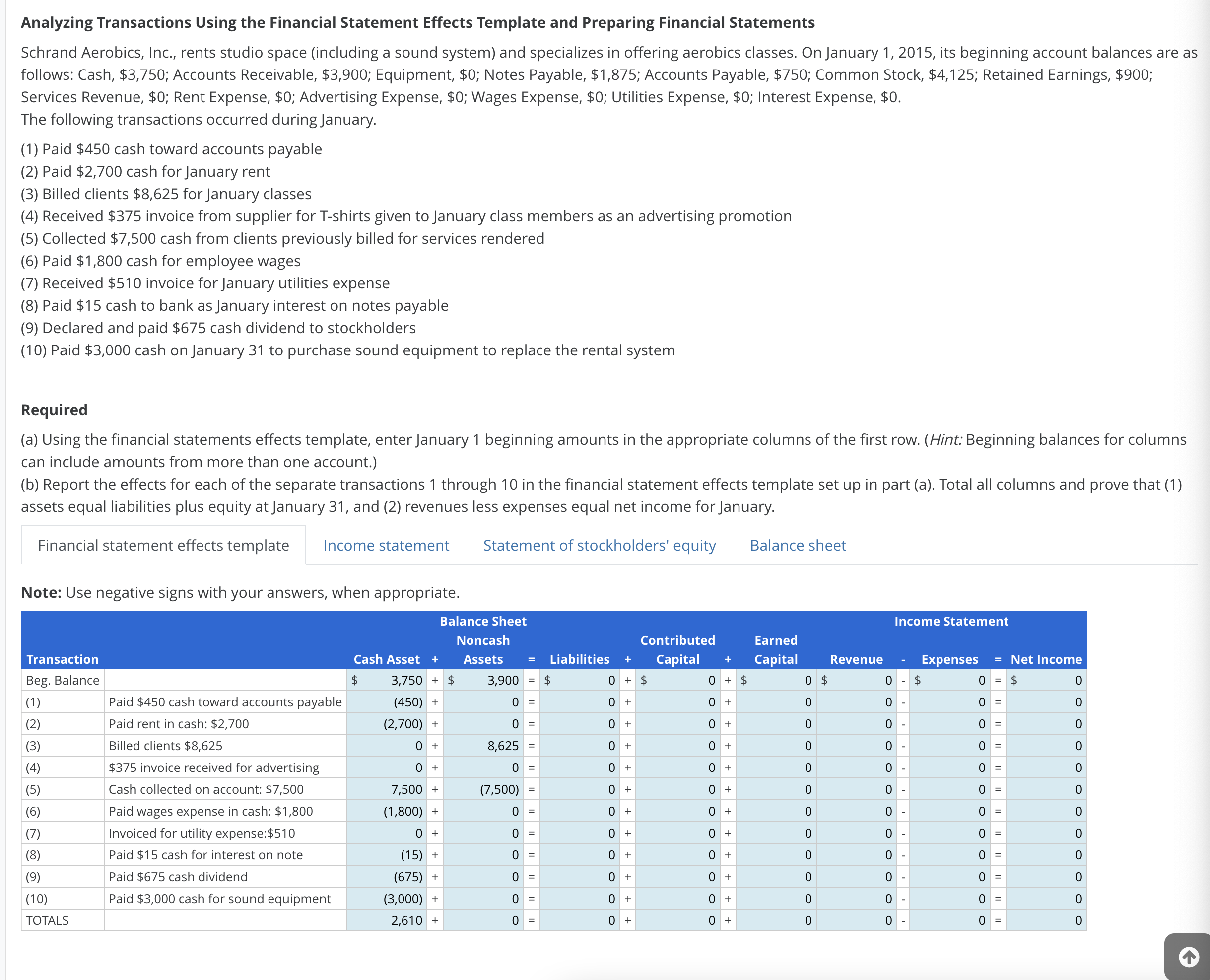 Analyzing Transactions Using the Financial Statement Effects Template and Preparing Financial