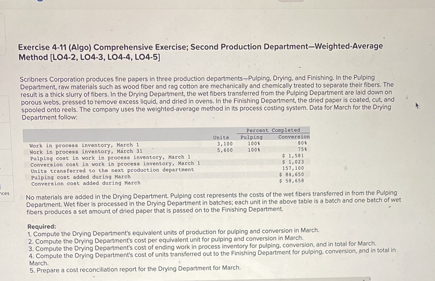 Exercise 4-11 (Algo) Comprehensive Exercise; Second Production Department-Weighted-Average Method [LO4-2, LO4-3,