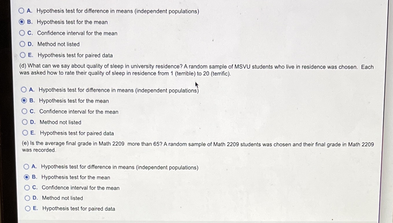 Help! O A. Hypothesis test for difference in means (independent populations) O