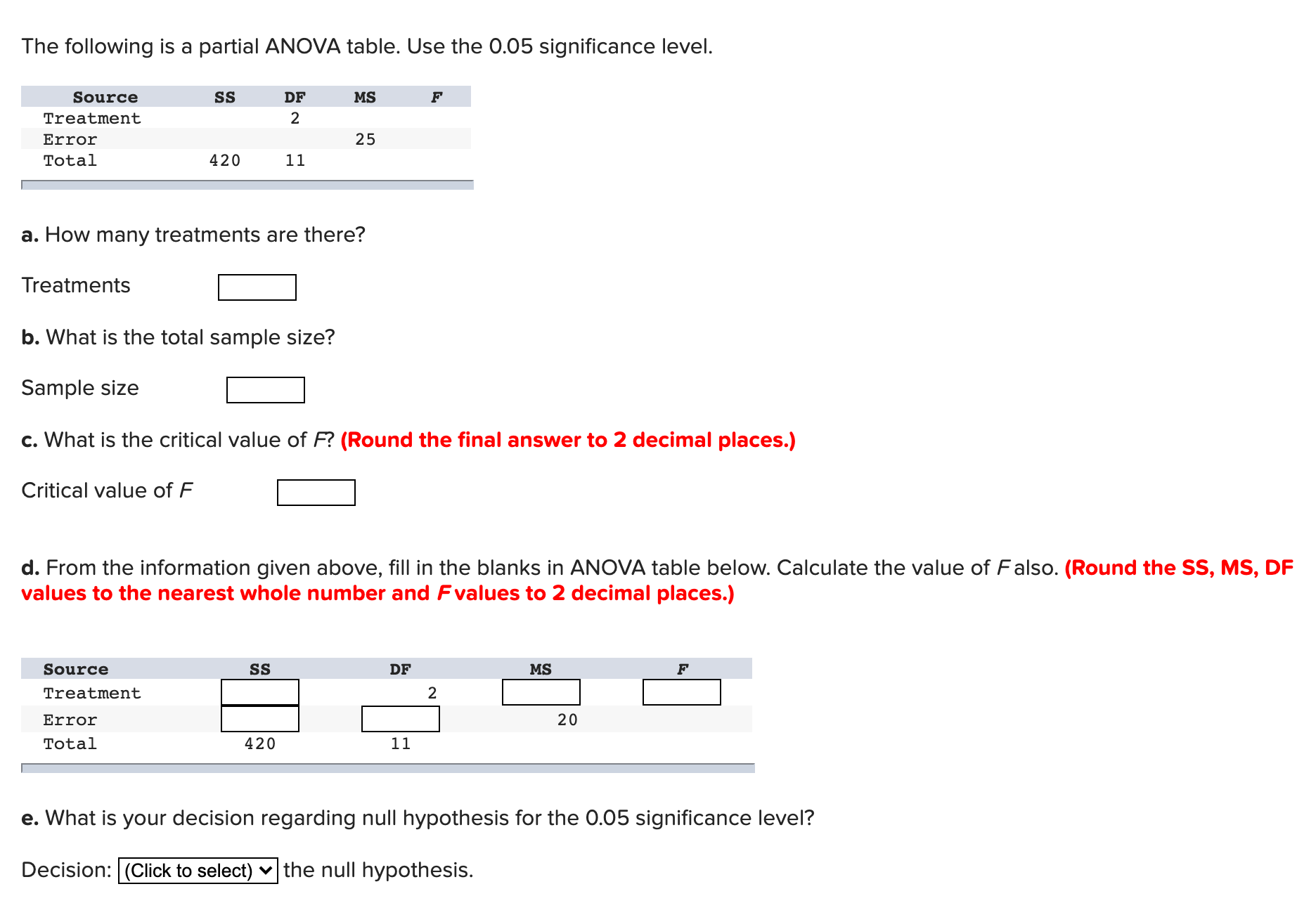  The following is a partial ANOVA table. Use the 0.05 significance
