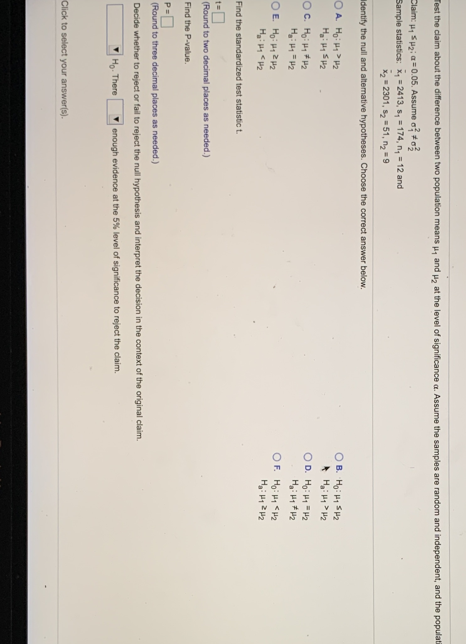  Test the claim about the difference between two population means u,