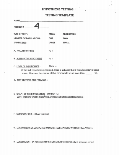 HYPOTHESIS TESTING TESTING TEMPLATE NAME Problem # 4 TYPE OF TEST