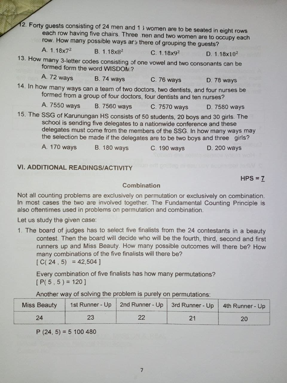 HPS = 10 1. In how many ways can 5 people arrange