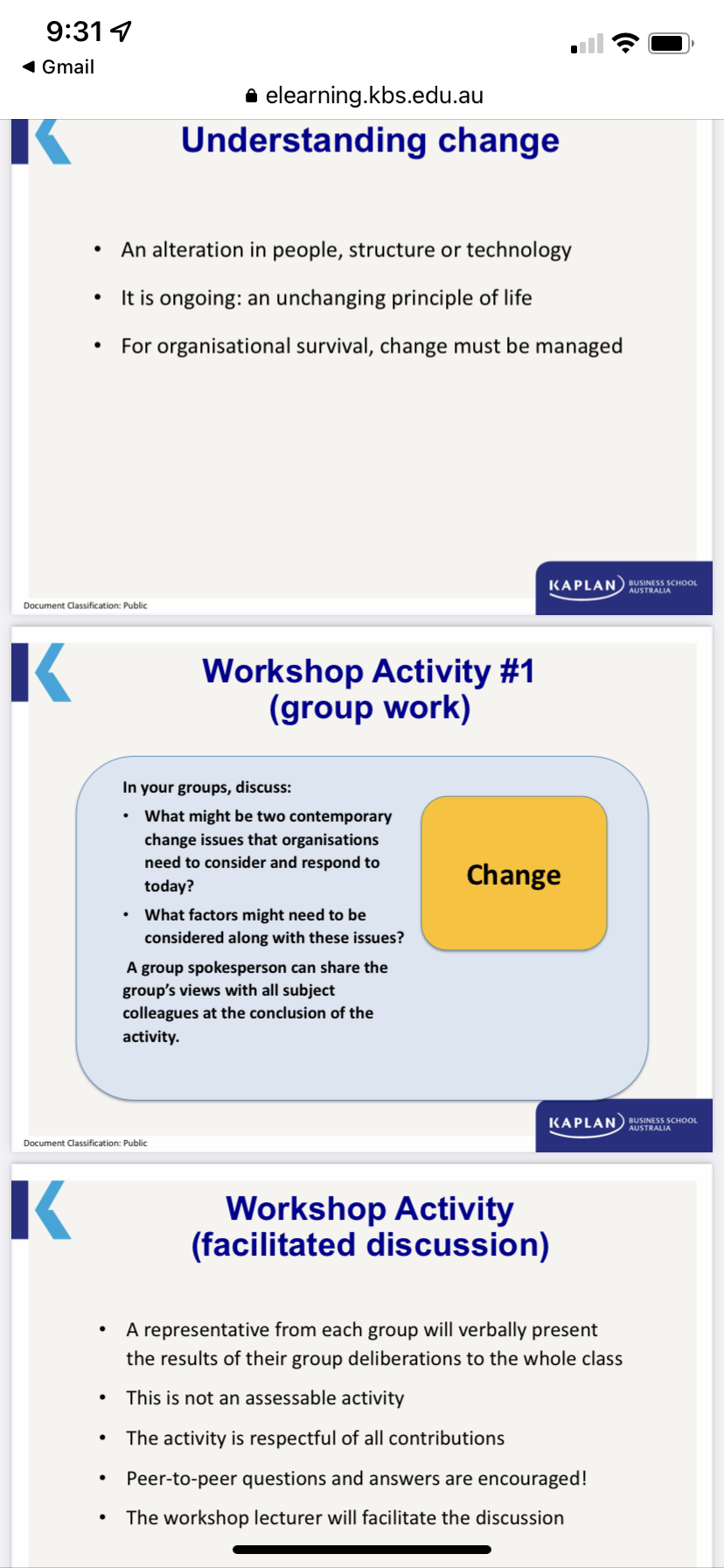 9:31 4 a _, o Gmail 6 elearning.kbs.edu.au I' Understanding change