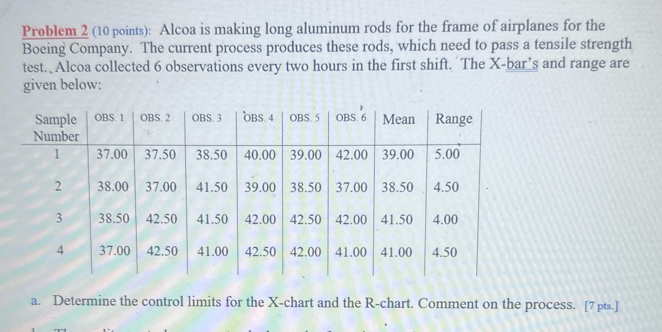 Answer letter a and using the control limits developed, comment on the