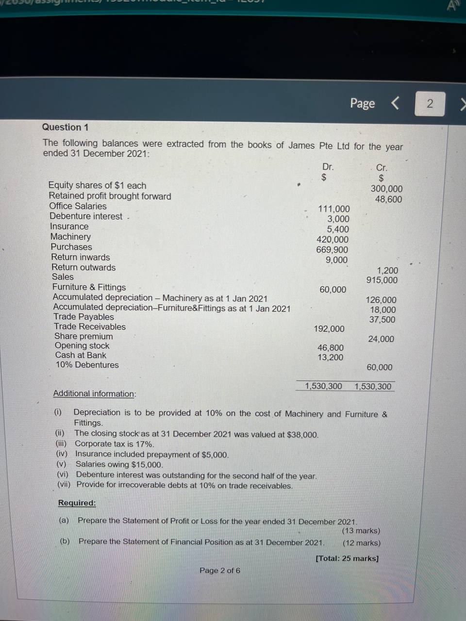 Question I The following balances were extracted from the books of James