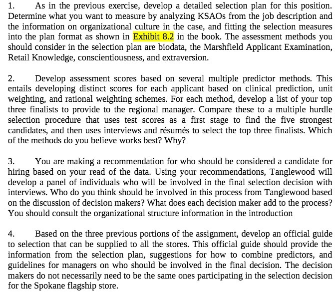  1. As in the previous exercise, develop a detailed selection plan