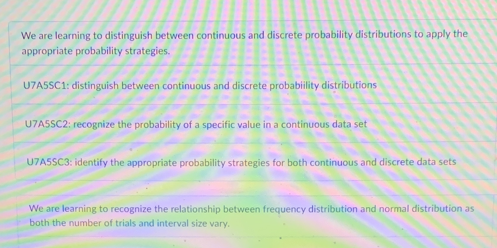 1. Distinguish between continuous and discrete probability distributions 2. Recognize the probability