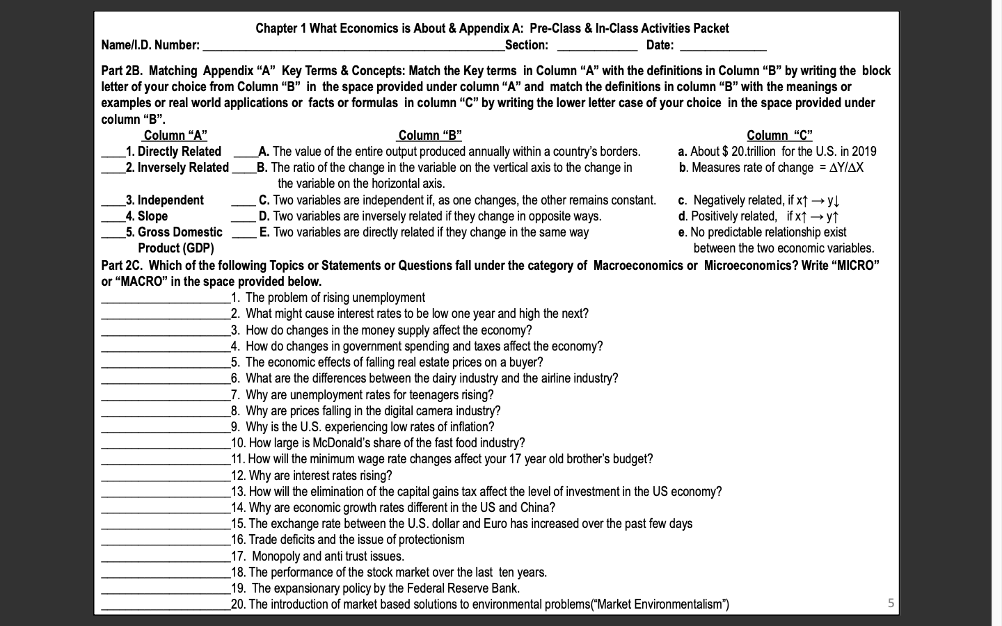 Part 2B. Matching Appendix "A" Key Terms & Concepts: Match the Key
