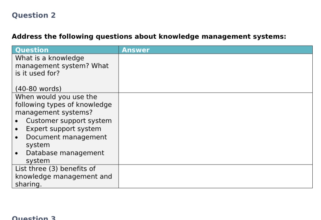 Question 2 Address the following questions about knowledge management systems: Question