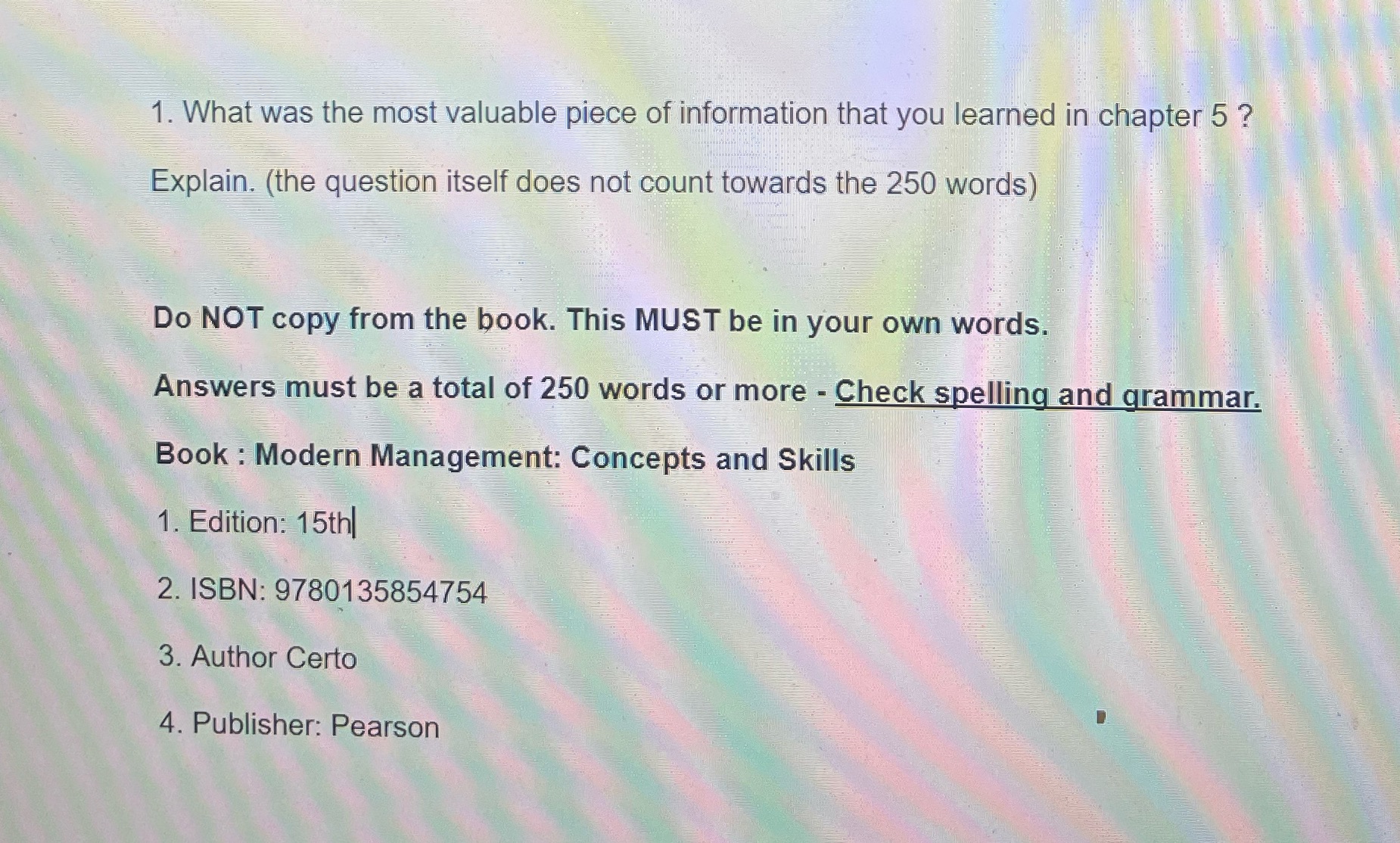 Can you read and answer this one assignment from the book that