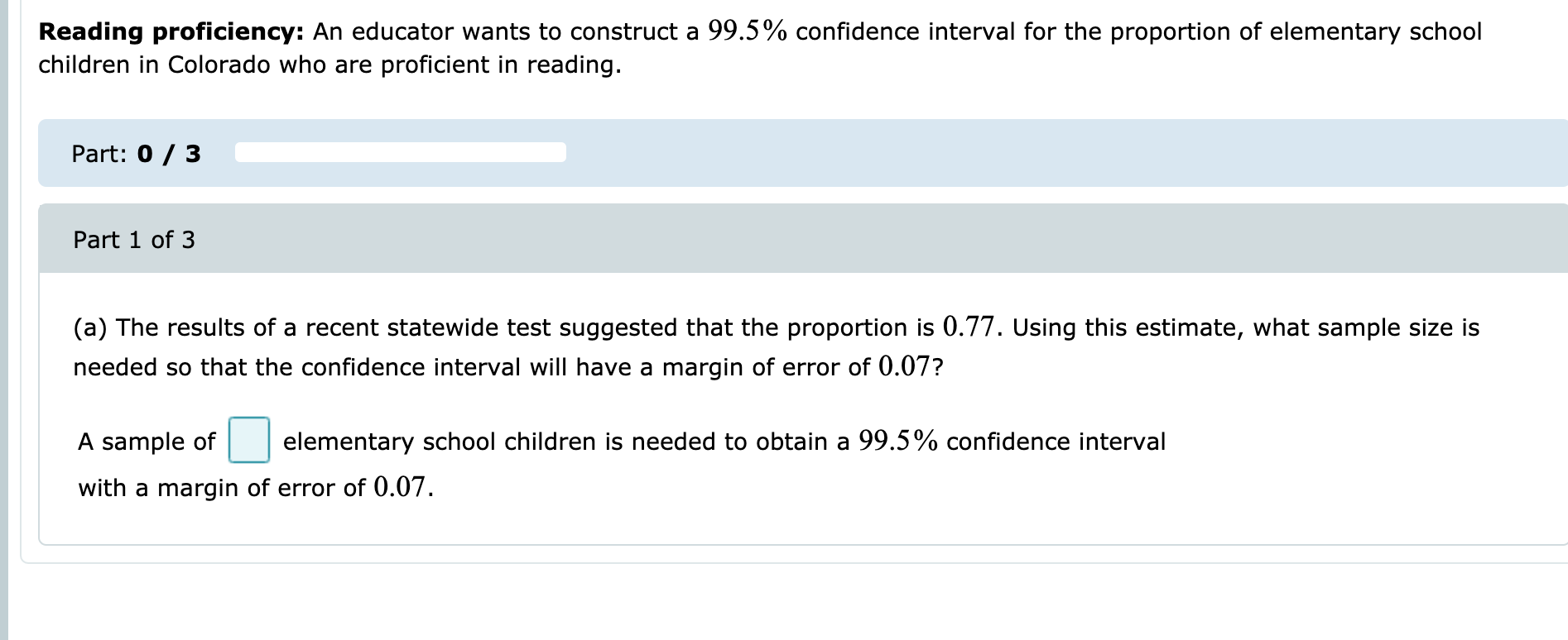  .... Reading proficiency: An educator wants to construct a 99.5% condence