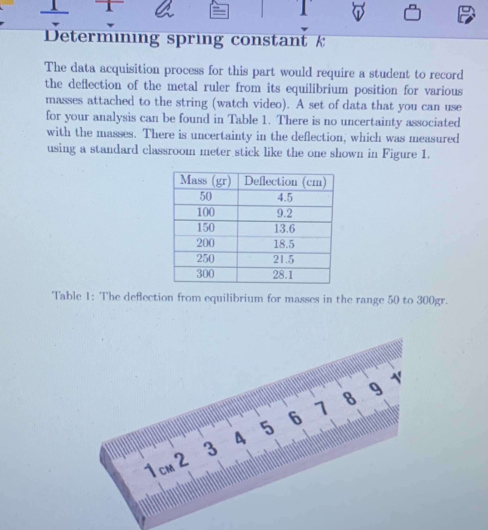 Determining spring constant k The data acquisition process for this part