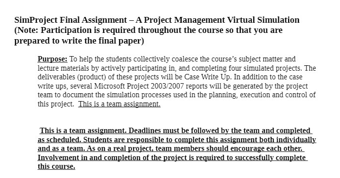  SimProject Final Assignment - A Project Management Virtual Simulation (Note: Participation