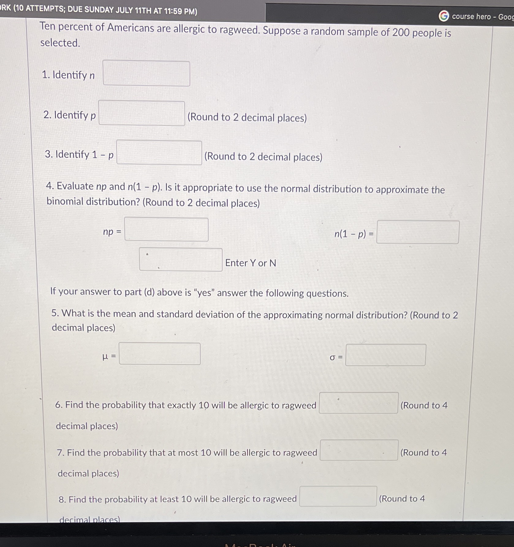 Question 9. Find the probability that less than 10 will be allergic
