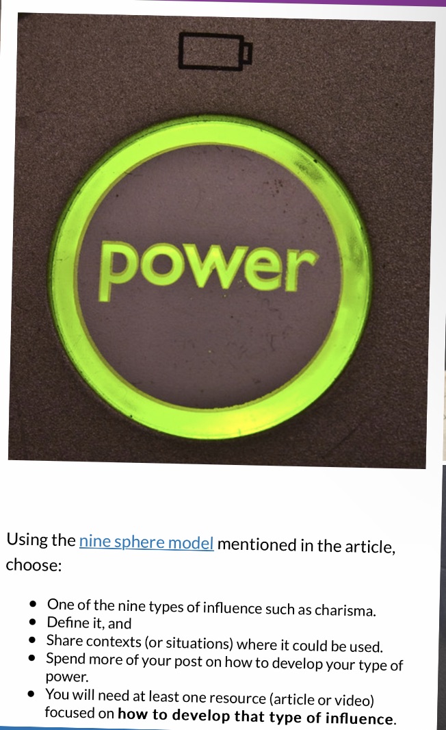 https://legacee.com/transformational_leadership/influence power Using the nine sphere model mentioned in the article, choose: