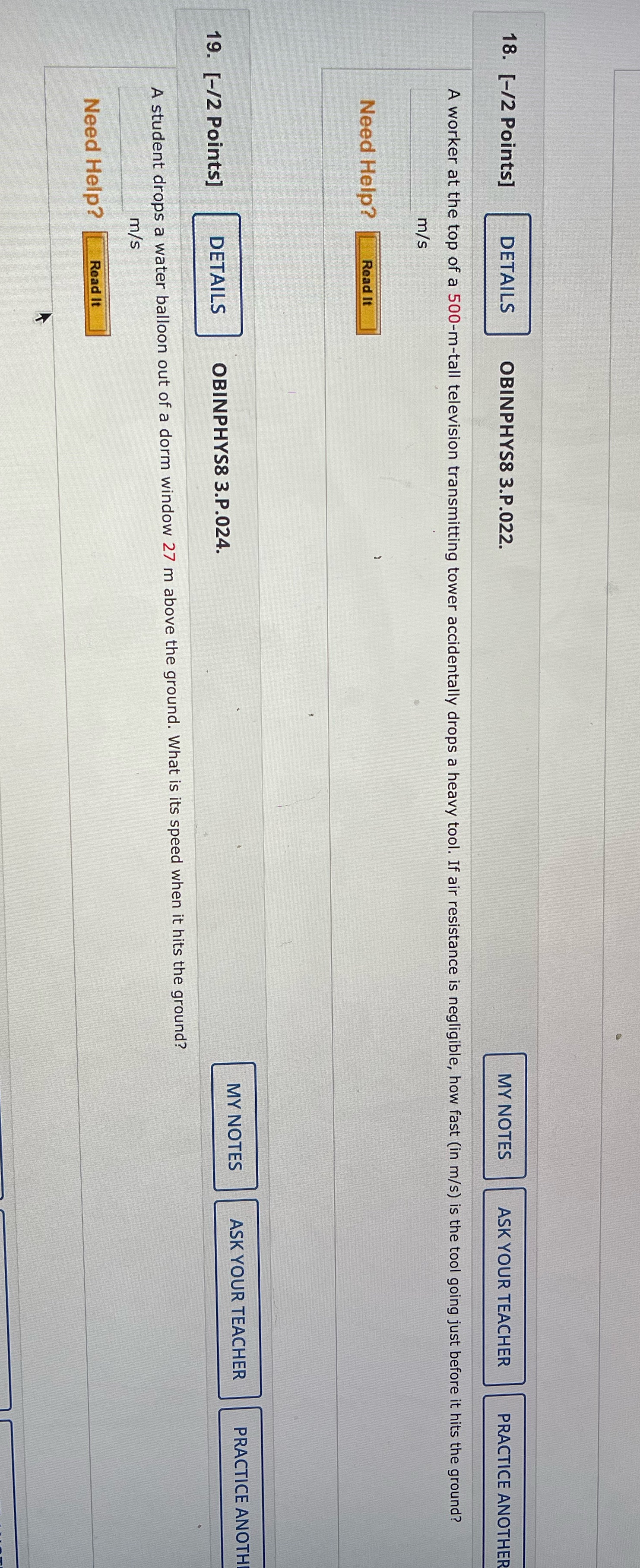 18. [-/2 Points] DETAILS OBINPHYS8 3.P.022. MY NOTES ASK YOUR TEACHER