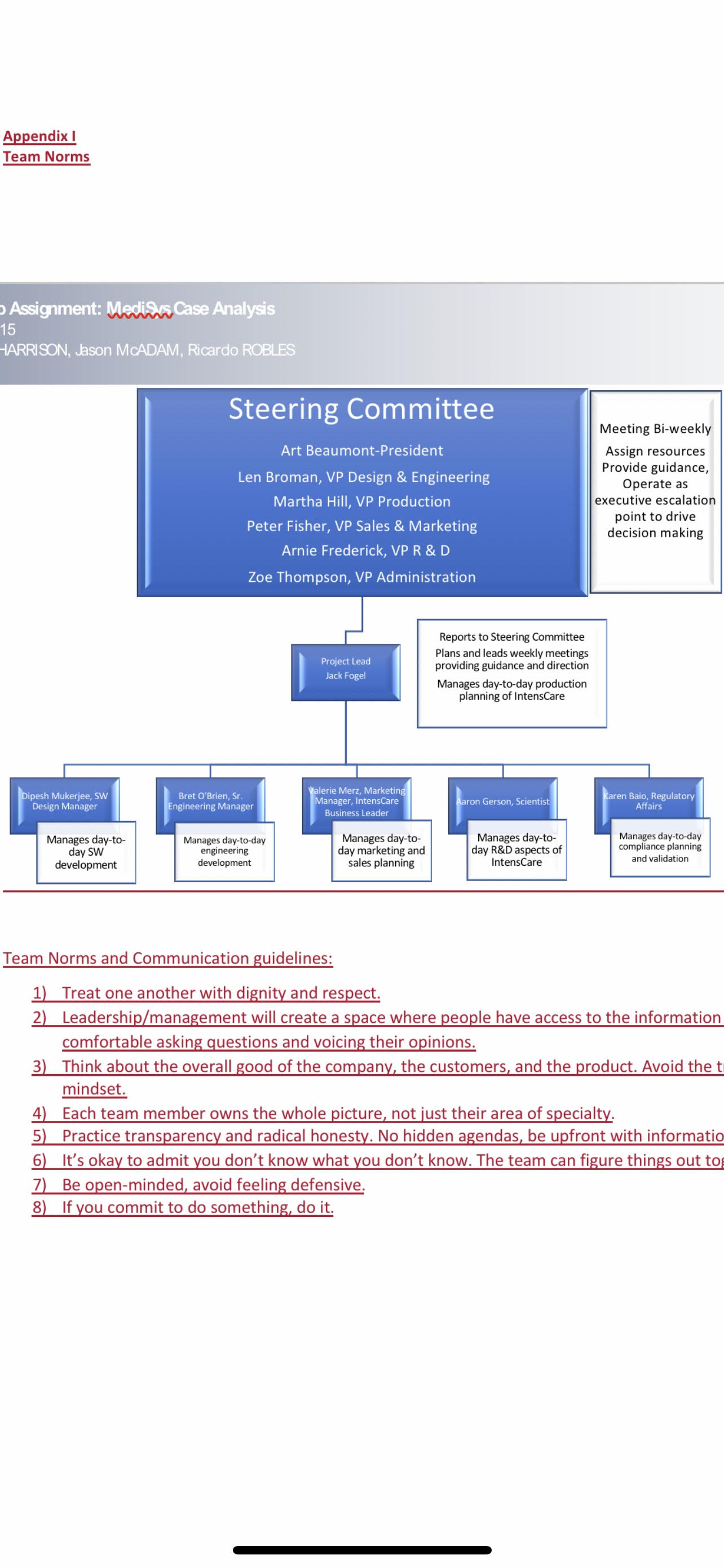 Need a RACI matrix chart from the following information: Appendix I Team