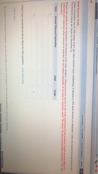  CALCULATOR FULL SCREEN PRINTER VERSION BACK NEX Brief Exercise 14-03 Crane