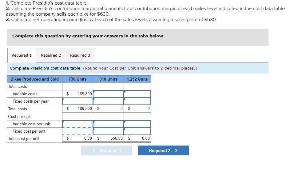  Required: 1. Complete Presidios cost data table. 2. Calculate Presidios contribution
