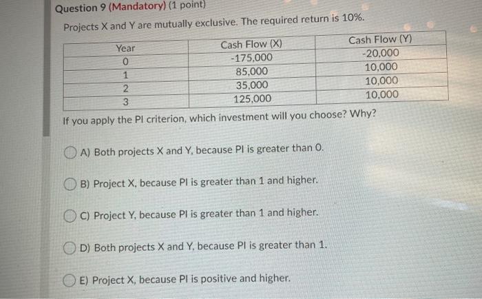  Question 9 (Mandatory) (1 point) Projects X and Y are mutually