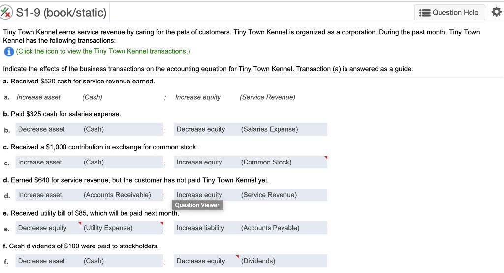  2x S1-9 (book/static) Question Help Tiny Town Kennel earns service revenue