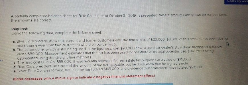 Check my won A partially completed balance sheet for Blue Co.