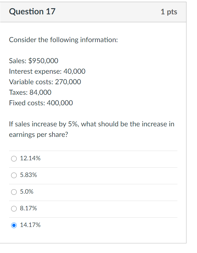  Question 17 1 pts Consider the following information: Sales: $950,000 Interest