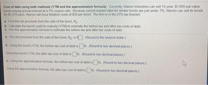  Cost of debt using both methods (YTM and the approximation formula)