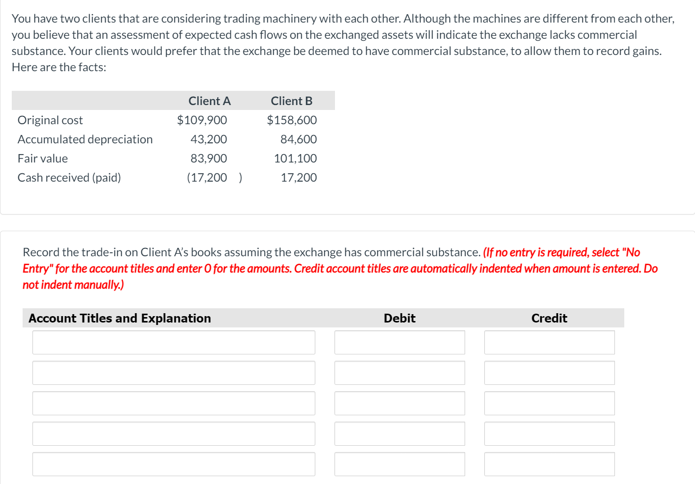  You have two clients that are considering trading machinery with each