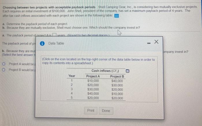  Choosing between two projects with acceptable payback periods Shell Camping Gear,