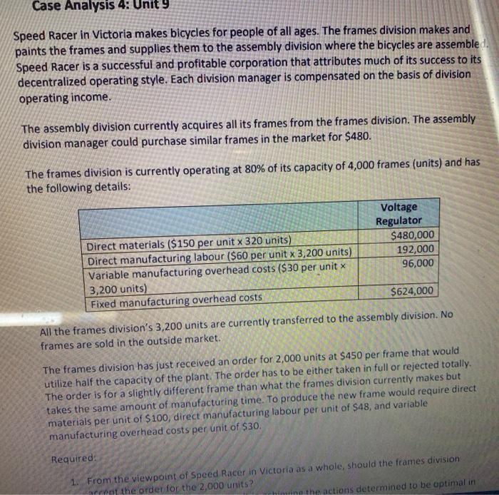  Case Analysis 4: Unit 9 Speed Racer in Victoria makes bicycles