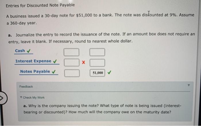  Entries for Discounted Note Payable A business issued a 30-day note