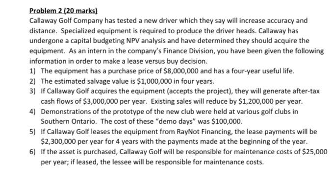  Problem 2 (20 marks) Callaway Golf Company has tested a new