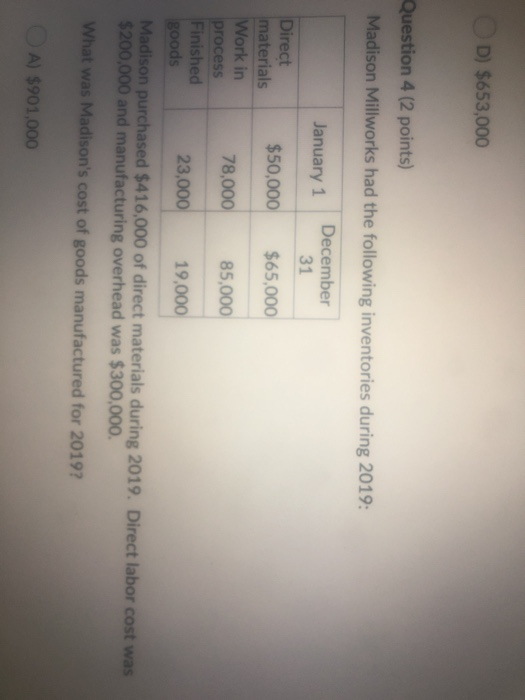  OD) $653,000 Question 4 (2 points) Madison Millworks had the following