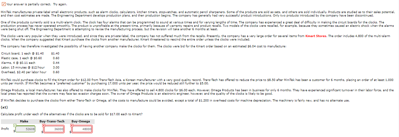 Your answer is partially correct. Try again. MiniTek manufactures private-label small