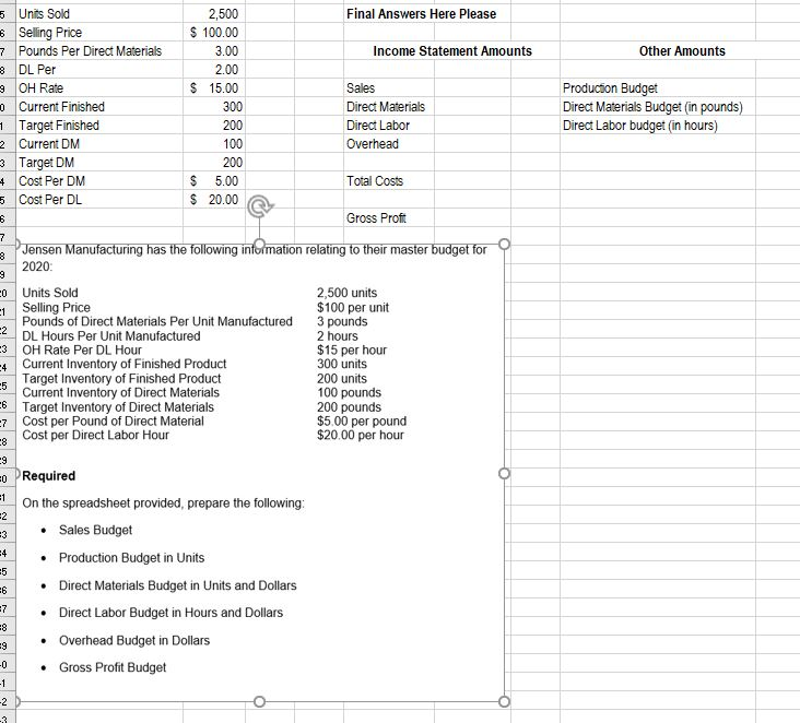  Please post on excel spreadsheet to show formula. Thank you Final