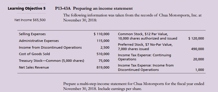 Learning Objective 5 P13-43A Preparing an income statement The following information