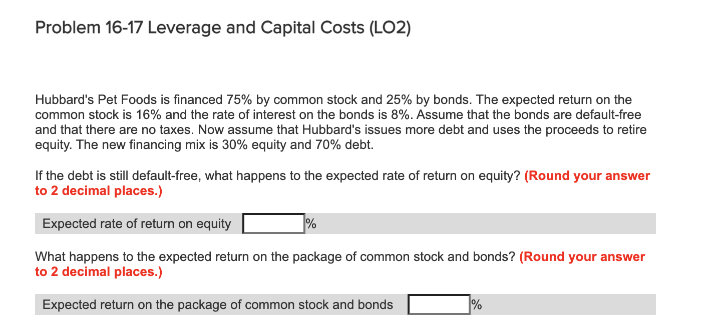  Problem 16-17 Leverage and Capital Costs (LO2) Hubbard's Pet Foods is