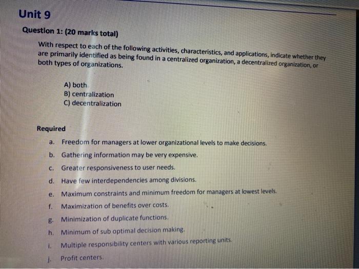  Unit 9 Question 1: (20 marks total) With respect to each