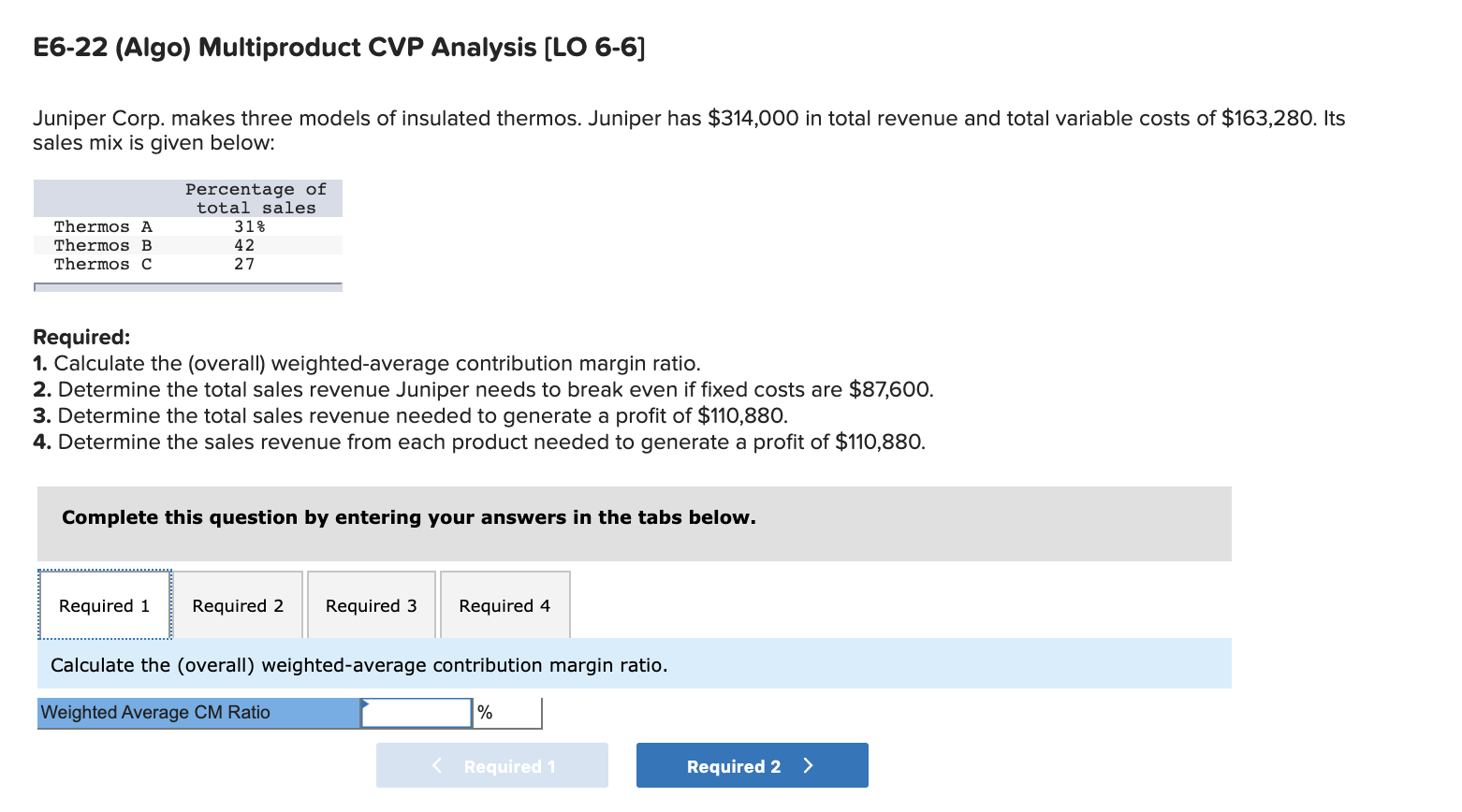  E6-22 (Algo) Multiproduct CVP Analysis [LO 6-6] Juniper Corp. makes three