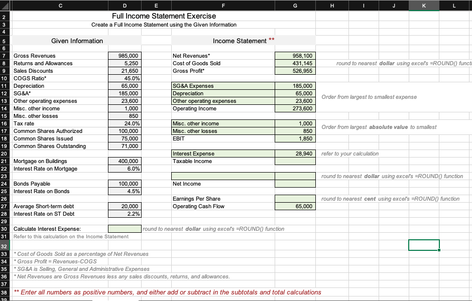 DE Full Income Statement Exercise Create a Full Income Statement using