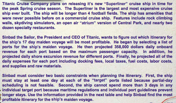 Please help specifically with solve parameter and optimal solution! Titanic Cruise Company
