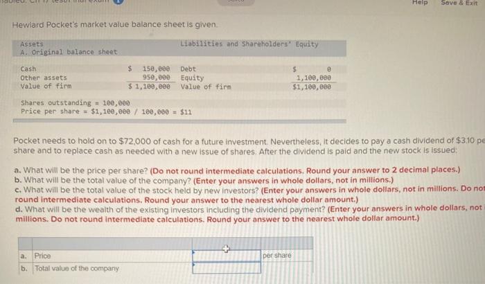  Help Save & Exit Hewiard Pocket's market value balance sheet is