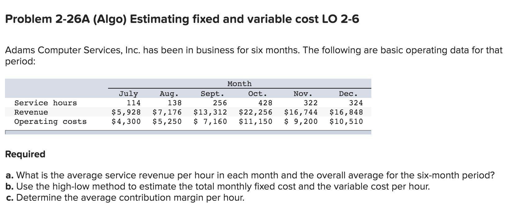  Problem 2-26A (Algo) Estimating fixed and variable cost LO 2-6 Adams