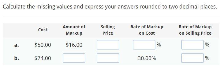 Calculate the missing values and express your answers rounded to two