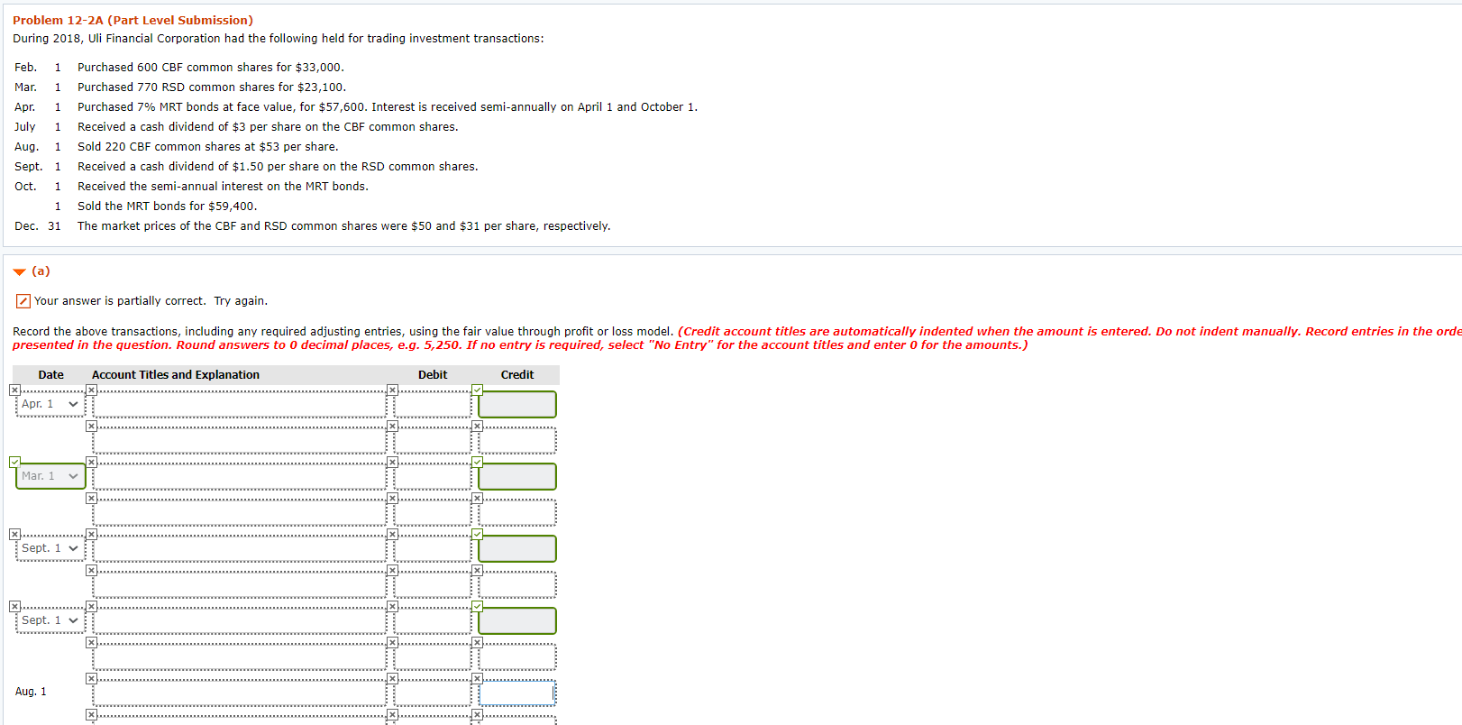 Problem 12-2A (Part Level Submission) During 2018, Uli Financial Corporation had