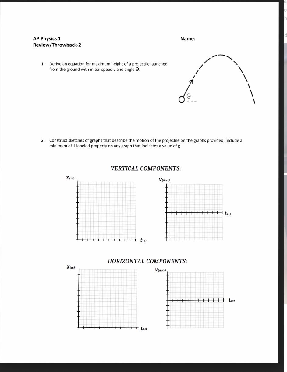 AP Physics 1 Name: Review/Throwback-2 Derive an equation for maximum height