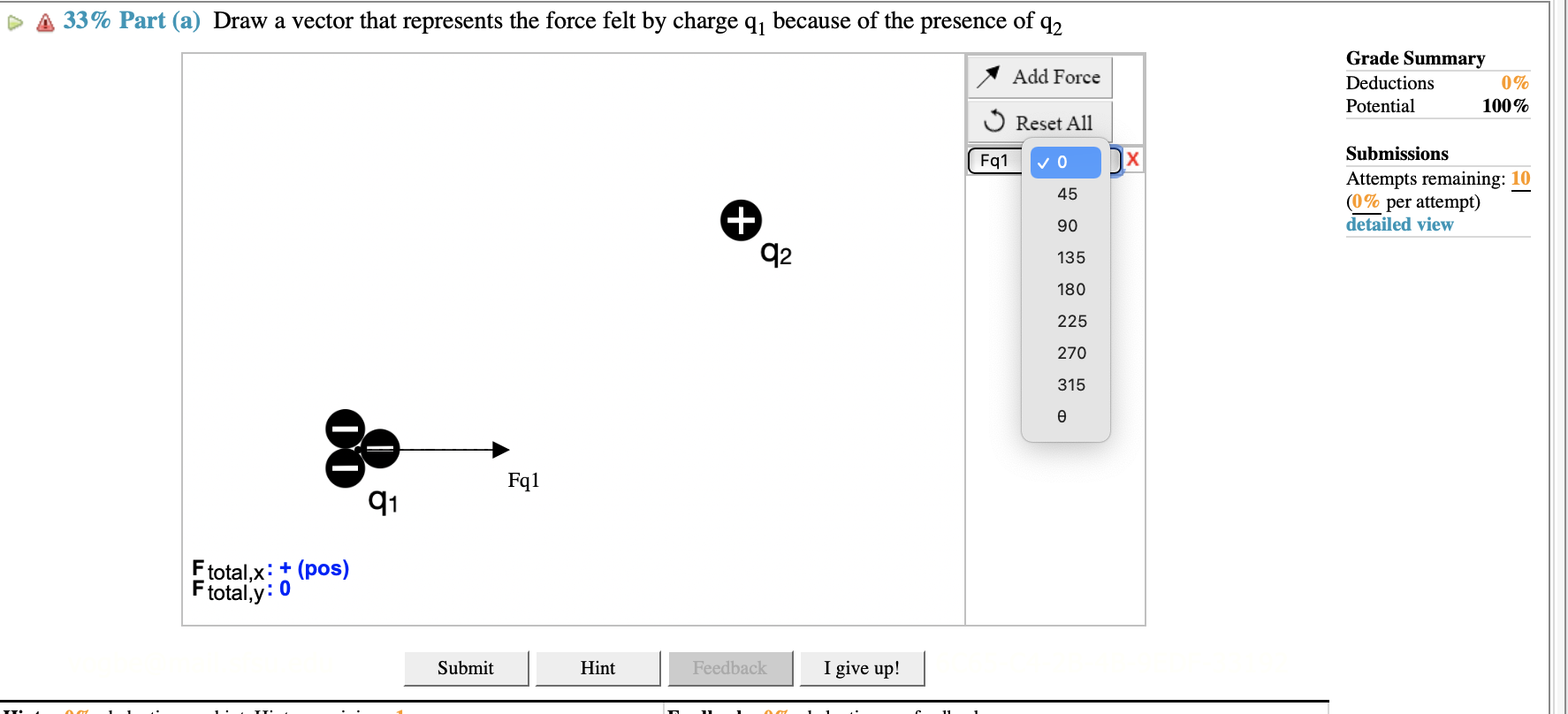 (a) Draw a vector that represents the force felt by charge q,